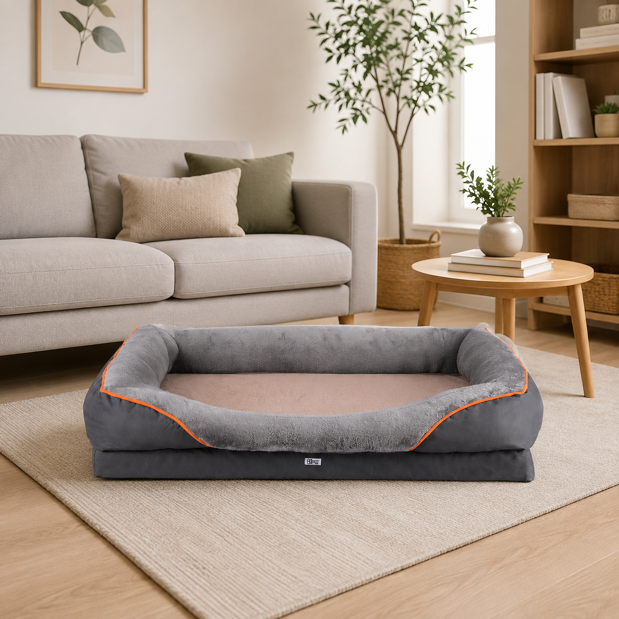 A gray plush pet bed with orange piping and a tan cushion inside, placed on a light rug in a modern living room with a sofa, side table, and plant.