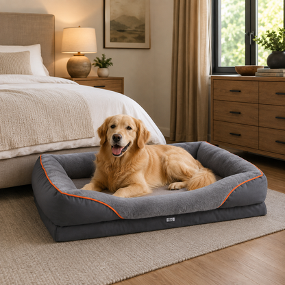 A golden retriever dog rests inside a plush gray pet bed with orange piping, placed on a rug in a cozy bedroom setting.