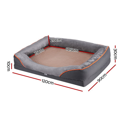 Gray pet bed with dimensions marked on a white background