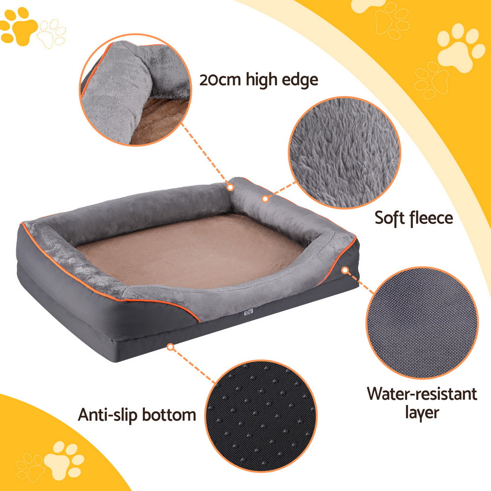 Dog bed with features highlighted on a yellow and white background